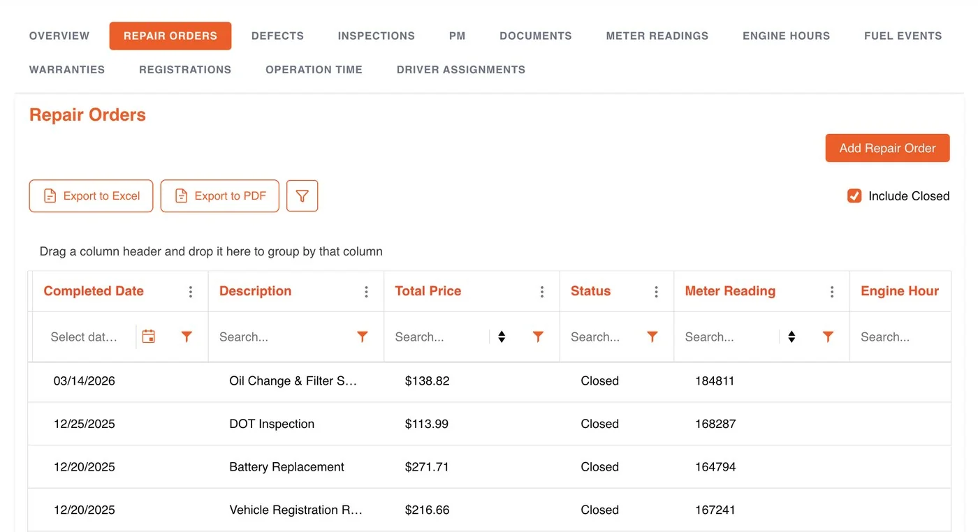 A vehicle record's Repair Orders tab, showing completed work orders (oil change, DOT inspection, battery replacement) with dates, price, status, and meter reading alongside the PM, defects, inspections, and documents tabs.