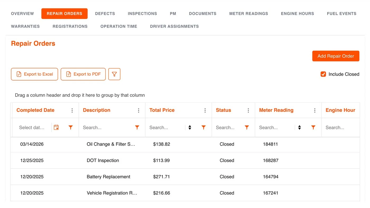 Vehicle record, Repair Orders tab: closed repair orders with completed date, description, price, status and meter reading, exportable to Excel or PDF.