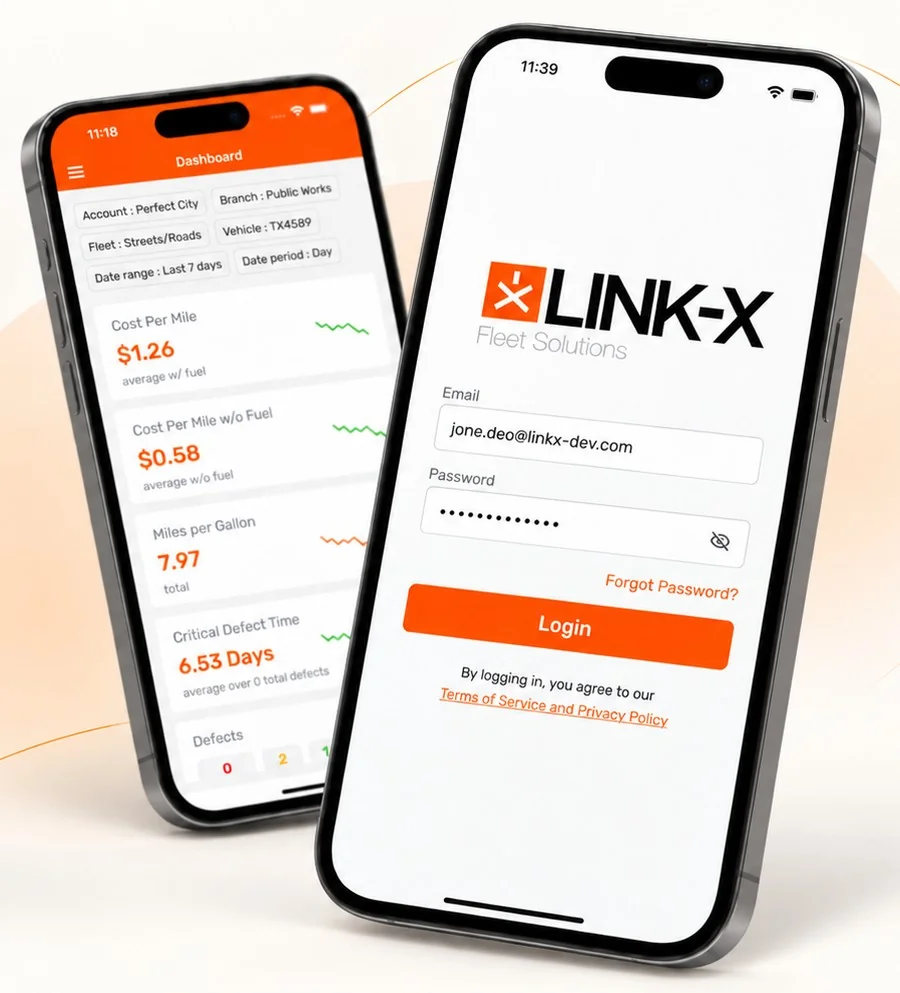 The Link-X mobile app: a Dashboard screen with cost-per-mile and MPG stats, and a Login screen with the Link-X logo.