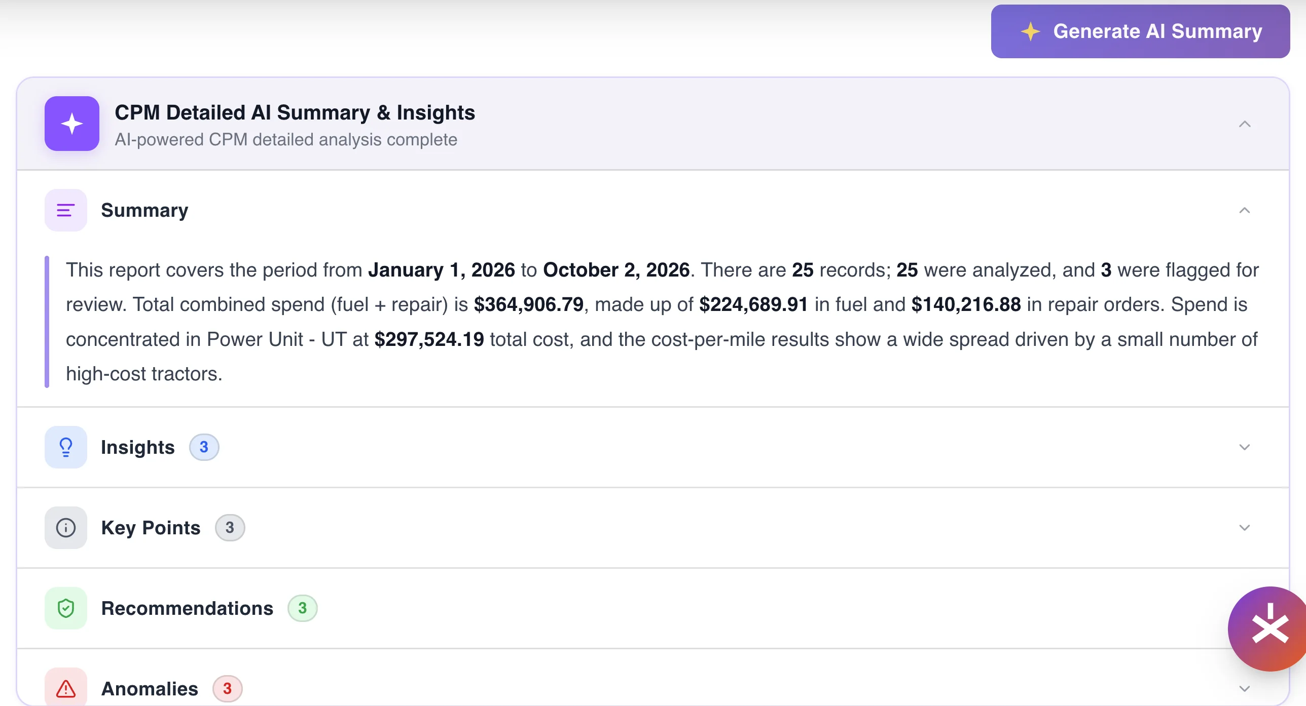 Jake AI summary and insights for a cost-per-mile report