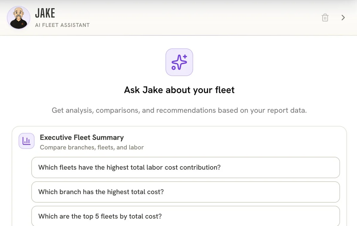Ask Jake about your fleet — suggested questions like Executive Fleet Summary and Cost Concentration.