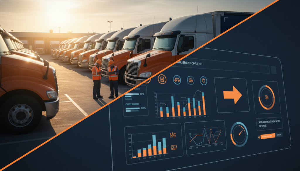 Row of orange semi-trucks in a sunlit yard with two workers wearing safety vests near the trucks (fleet setting).