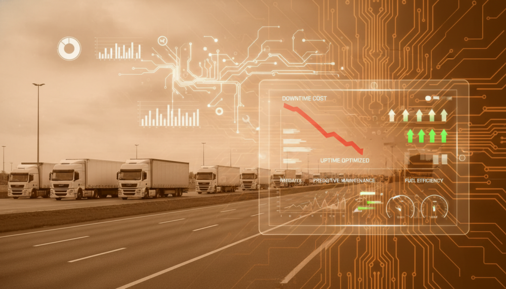 Row of trucks on a highway with a translucent high-tech analytics dashboard and circuit patterns overlaying the scene, implying fleet data.