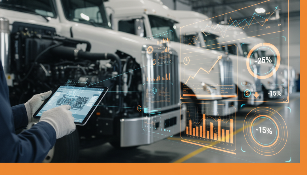 Technician in a garage uses a tablet while holographic dashboards display vehicle diagnostics and analytics in front of a truck. (informative)