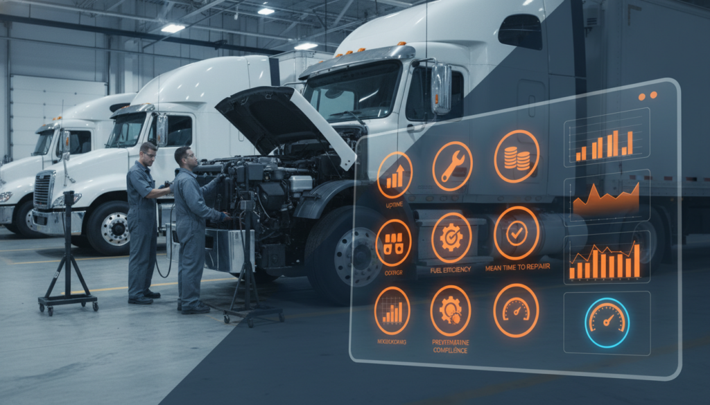 Two technicians service a truck engine in a workshop, with a translucent holographic dashboard showing diagnostics and charts overlaid on the scene.