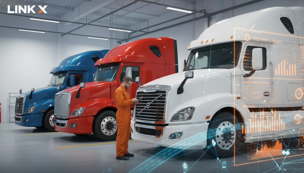 Worker in orange coveralls checks a white semi-truck in a maintenance bay, with blue and red trucks parked in the background and holographic data overlays.