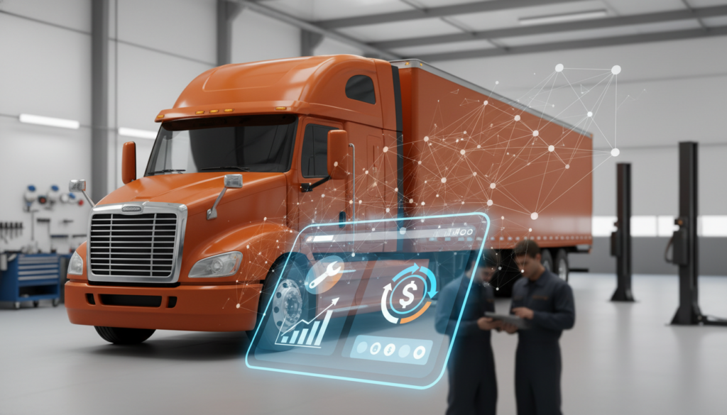 Orange semi-truck in a workshop with a translucent digital dashboard showing analytics and maintenance icons.